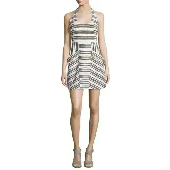 A.L.C White/Black Striped Halter Neck Front Pocket Mini Dress Size 4 - Picture 3 of 14